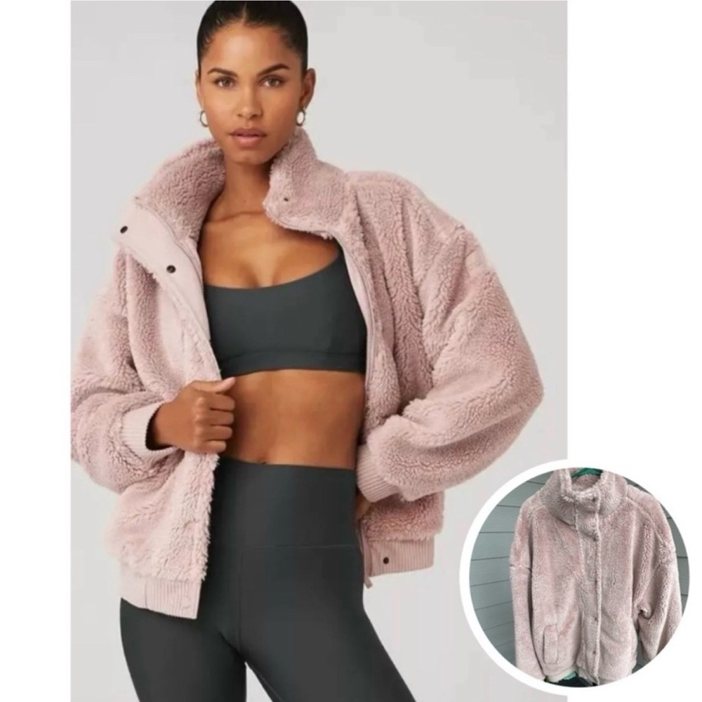 Alo Yoga Sherpa Varsity Jacket in Dusty Pink (Rose Mauve Pink Color) Size Medium
